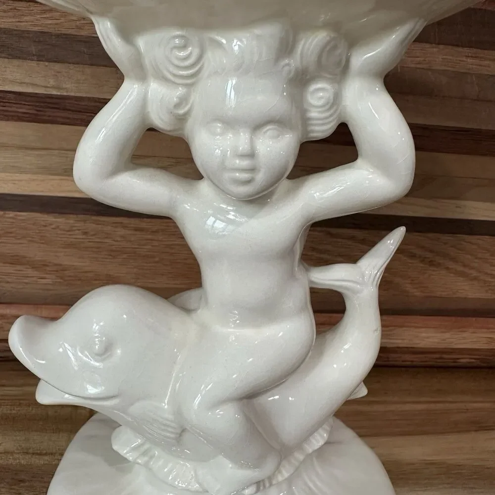 Vtg ‘60 Cherub Riding Dolphin Holding Shell Soap Dish - Holland Mold White Glaze